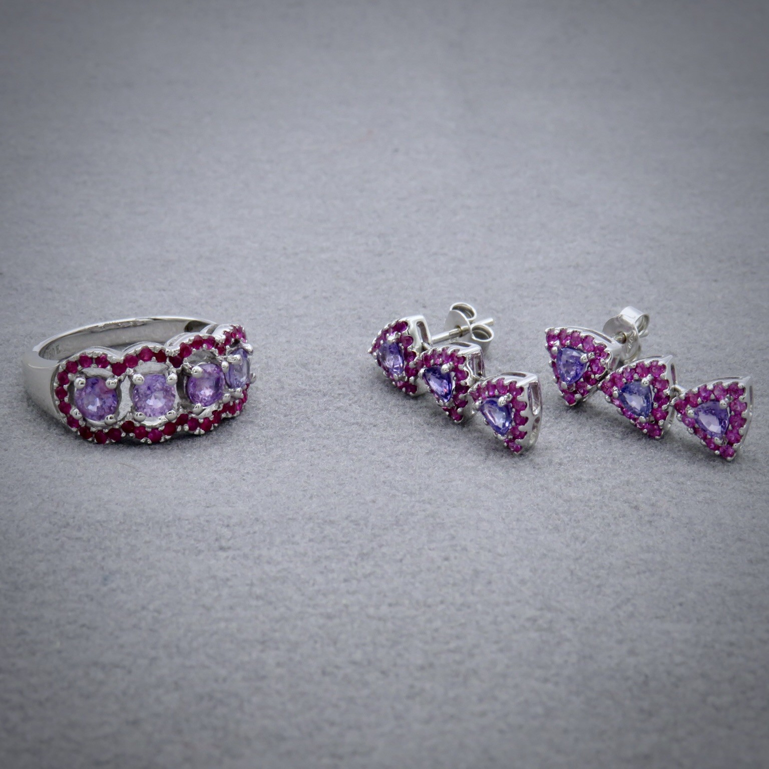 Sapphire and Ruby ring and earrings