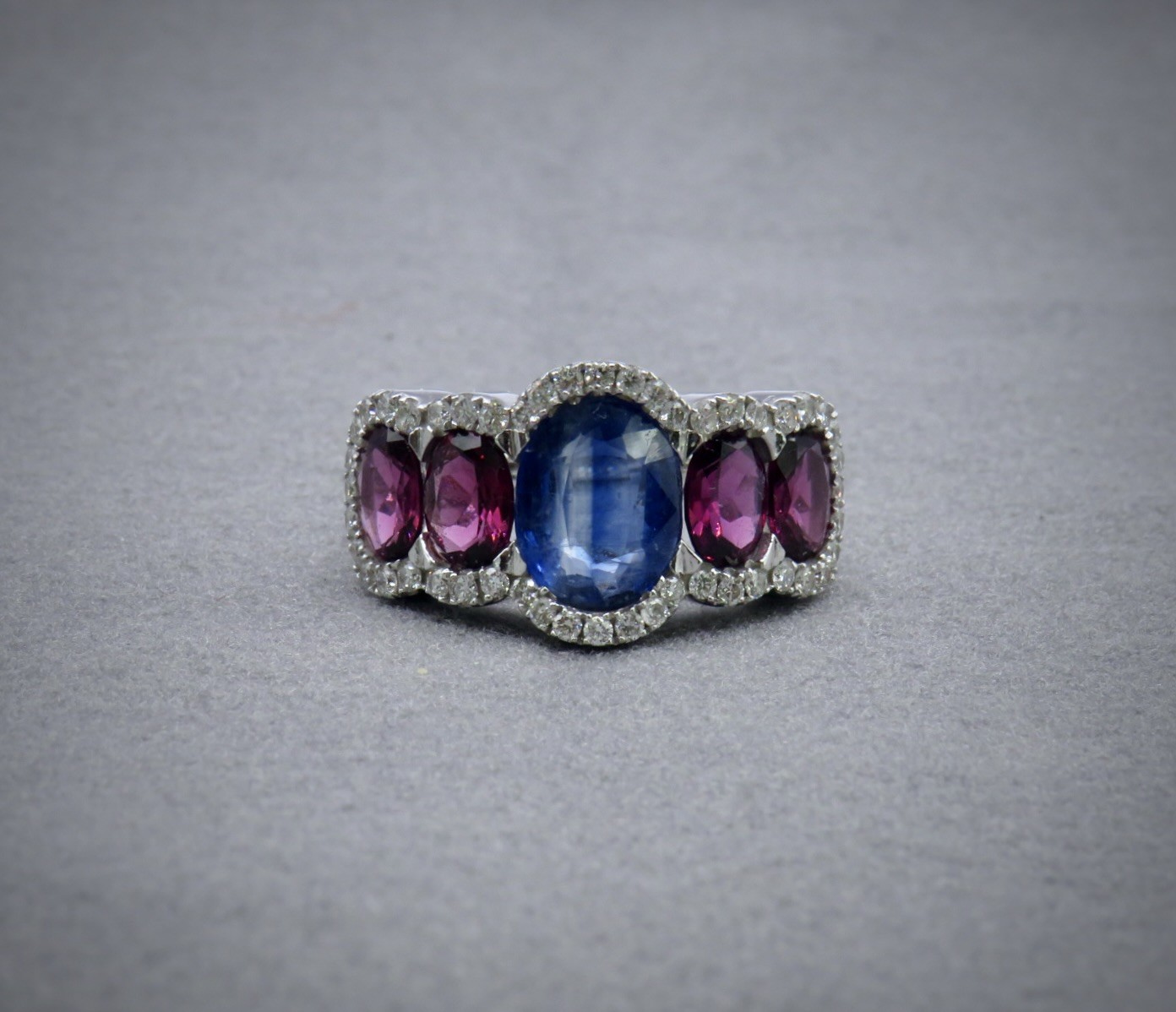 Kyanite, garnet and diamond ring