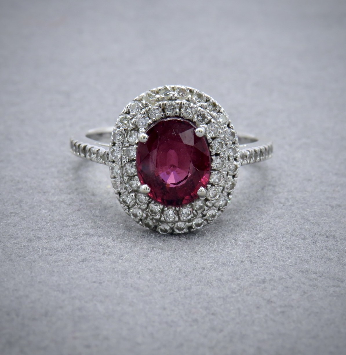 Raspberry rhodolite and double diamond halo